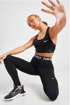 Whatever The Workout, Keep Cool And Comfy In These Women's Training Tights From Nike Pro. Made From Stretchy Poly Fabric In A Classic Black Colourway, These Slim-Fit Tights Are Made Using Nike's Dri-Fit Tech, Which Wicks Away Sweat. They Have A Supportive Waistband And Mesh Panels To The Calf To Boost Breathability. Ideal As A Baselayer Or For Sports, These Tights Are Finished Up With Nike Pro Branding To The Waistband, As Well As The Swoosh Logo Printed To The Thigh. Machine Washable.   Our Mod Workout Photoshoot, Black Nike Pros, Sport Photoshoot, Modele Fitness, Sport Model