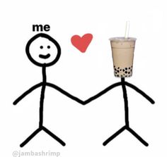 two stick figures holding hands, one with a drink and the other has a heart