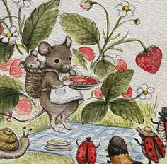 a drawing of a mouse holding a plate of food in front of some bugs and flowers