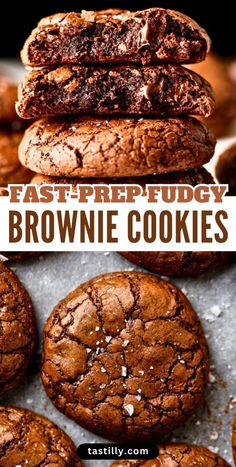 chocolate brownie cookies stacked on top of each other with text overlay that reads, eastridge fudgey brownie cookies