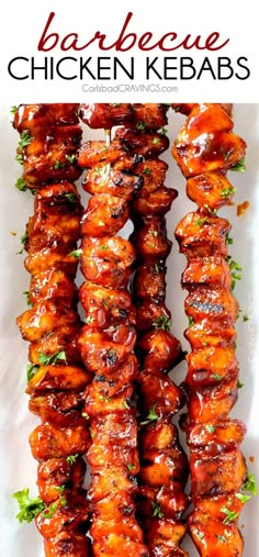 barbecue chicken kebabs on a white platter with text overlay that reads, barbecue chicken kebabs