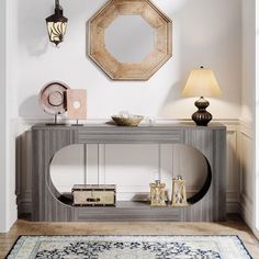 a room with a rug, mirror and lamp on the wall next to a table