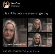 a woman with grey hair is talking to someone on her phone and the caption says, this still hunts me every single day