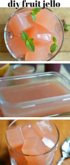 two pictures showing how to make fruit jello with ice cubes and watermelon