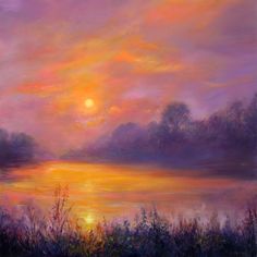 an oil painting of a sunset over a lake