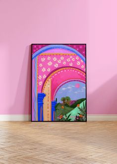 a painting on the wall in an empty room with pink walls and wooden flooring