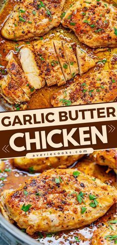 garlic butter chicken in a skillet with text overlay