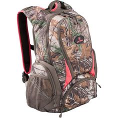 the back pack is camouflaged with pink accents