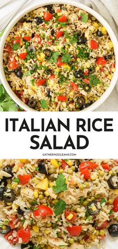 an italian rice salad with black olives, corn and tomatoes