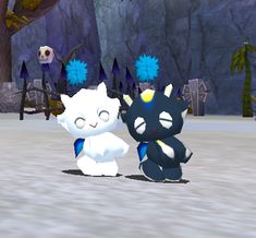 two cartoon cats playing with each other in a game screen shot, one cat has blue hair and the other is white