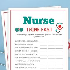 a printable nurse's think fast game