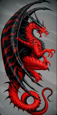 a red and black dragon on a gray background