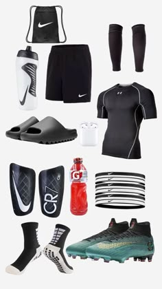 various sports gear including shoes, socks and water bottle are arranged on a white background