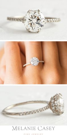 three different views of an engagement ring with diamonds on the side and in between them