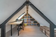 an attic office with desk and bookshelves in it