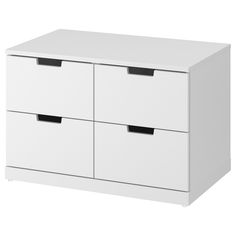 a white cabinet with three drawers and two black handles