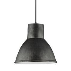 an industrial style pendant light hanging from a ceiling fixture with a black shade on it