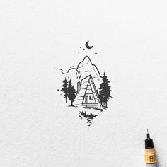 a drawing of a tent in the woods with mountains and trees on it, surrounded by ink