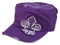 ★This is a High Quality Purple Castro Cap! Its a Vintage Military Distressed style Army Cadet Hat, from Pit Bull. It has Embroidery with Fleur-de-lis Print, Stitching, and Jewels! [$12.97] Flat Brim Hats, Purple Army, Army Hat, Flat Brim Hat, Hip Hop Hat