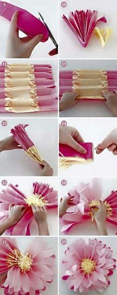 how to make tissue paper flowers with pink and yellow strips on the stems, then cut them in half