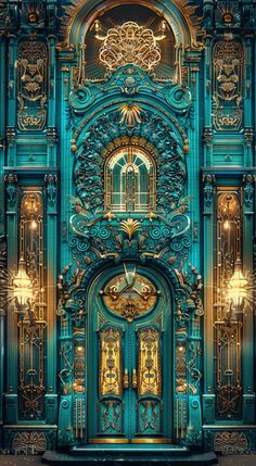 an ornate blue door with gold trimmings and chandeliers on the front