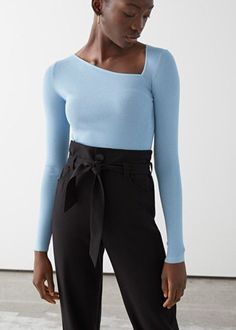 5 things Inspiring Me Now Part 7 - Dream. Cut. Sew Asymmetrical Sweater, Trouser Outfits, Asymmetrical Neckline, Light Blue Sweater, Work Wardrobe, Fashion Story, Blue Top, Cool Sweaters, The Chic