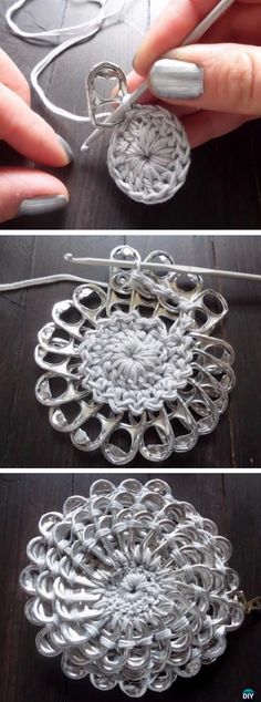 the process to make a crochet doily is shown in three different stages