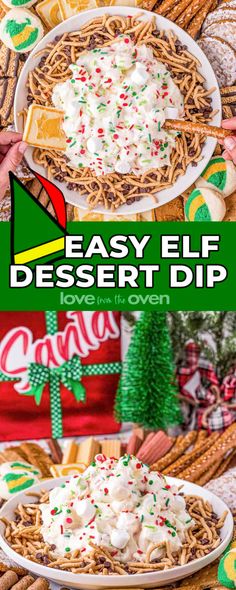 an easy elf dessert dip recipe with marshmallows and pretzels