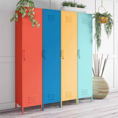 three colorful lockers in front of a plant and potted plant on the floor