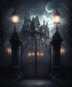 an image of a creepy house at night with lights on and bats flying over the gate