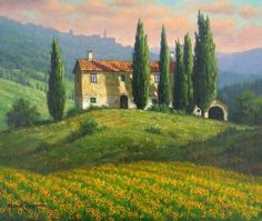 a painting of a house on a hill with trees and flowers in the foreground