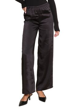 BLACK High-waisted Satin Pants For Work, Sleek Silk Wide Leg Pants, Sleek Silk Straight Pants, Elegant Silk Pants With Relaxed Fit, Elegant Satin Pants For Loungewear, Elegant Relaxed Fit Silk Pants, Sleek Silk Trousers, Sleek Silk Straight Leg Pants, Sleek Satin Pants