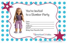 an american girl doll birthday party card with the words you're invited to a slubber party