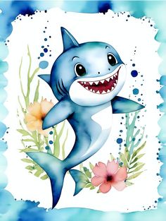 a blue shark with flowers on it's tail and teeth is standing in the water