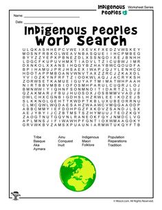 the word search page for indigenous people's word search is shown in black and white