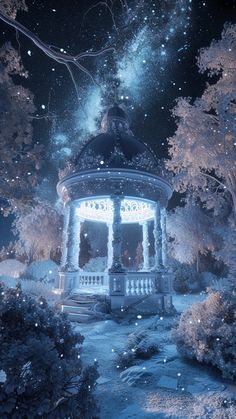 a gazebo surrounded by trees and snow at night with the stars in the sky