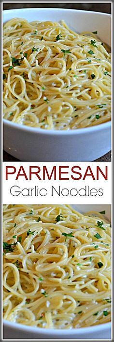 parmesan garlic noodles in a white bowl with parsley on top and the bottom