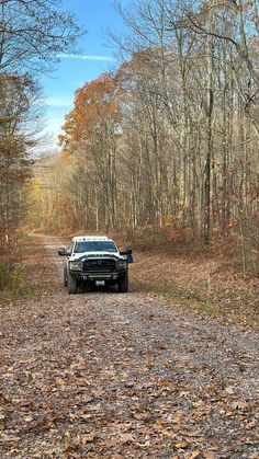 a truck parked on the side of a dirt road in front of trees and leaves