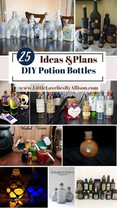 there are many different bottles and jars in this collage with the words 25 ideas & plans diy potion bottles