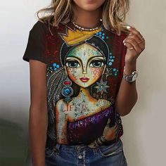 Women's Artist Girls Print Crew Neck Short Sleeve Abstract Painting Tee Black Crew Neck Top With Fashion Print, Black Cartoon Print Tops For Spring, Casual Multicolor Cartoon Print Tops, Graphic Tee With Character Print In Multicolor, Multicolor Character Print Graphic Tee, Casual Multicolor Fashion Print Tops, Casual T-shirt With Character Print, Trendy Multicolor Tops With Funny Print, Cute Black Printed Tops