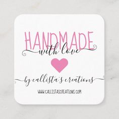 the handmade with love logo is shown on a white square coaster that reads,