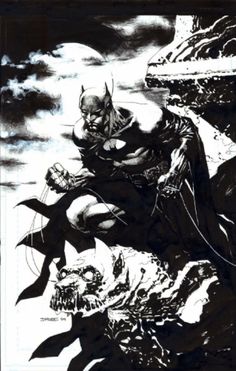 a black and white drawing of batman flying through the air with his hands in his pockets