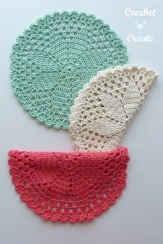 three crocheted doily in different colors on a white surface with the words crochet in front of them