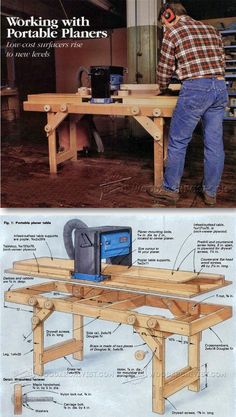 a man working with portable planes on a workbench and an image of the table being built