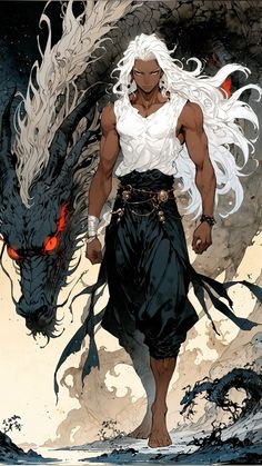 a man with white hair walking next to a dragon