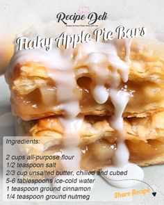 the recipe for baked apple pie bars is shown with white icing on top and bottom