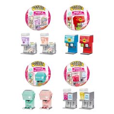 an assortment of toy vending machines in different styles and colors, including one for sale