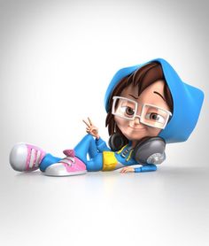 a cartoon character laying on the ground with her hand up to her face and wearing glasses