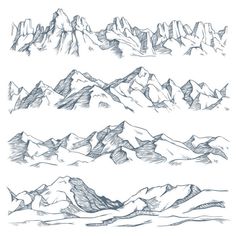 four different mountains drawn in pencil on white paper