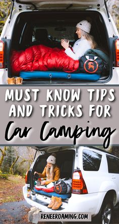 Photo of women car camping in nature. Linked to a blog post about what to pack for a camping trip, including a printable checklist. Car Camping Australia, Car Camping 4runner, Camper Needs List, Living Out Of Your Car, Living In Your Car, Car Camping Hacks, Rav4 Camping, Overlanding Camping, Tips For Sleeping